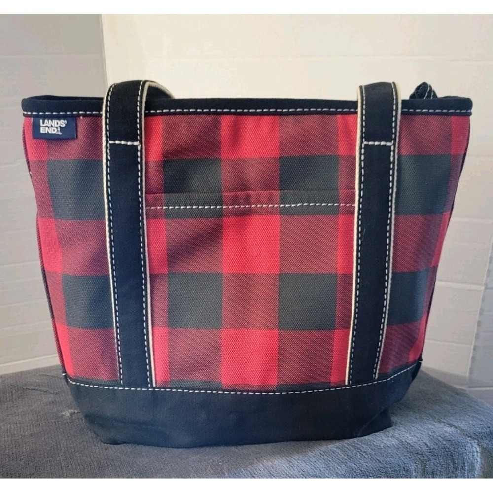 Lands End Buffalo Plaid Canvas Tote Bag Red Black Holiday Zip Boat Tote Medium